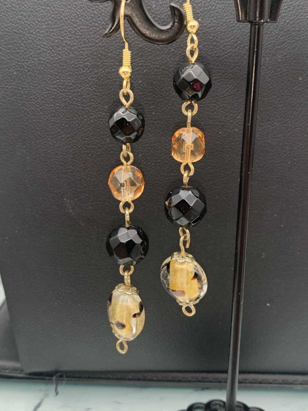 Gold-Tone Drop Earrings with Black and Amber Art glass and acrylic Beads